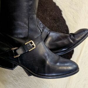 Ralph LAUREN Black Leather Tall Riding Boots with Gold Buckle - Women Size 7